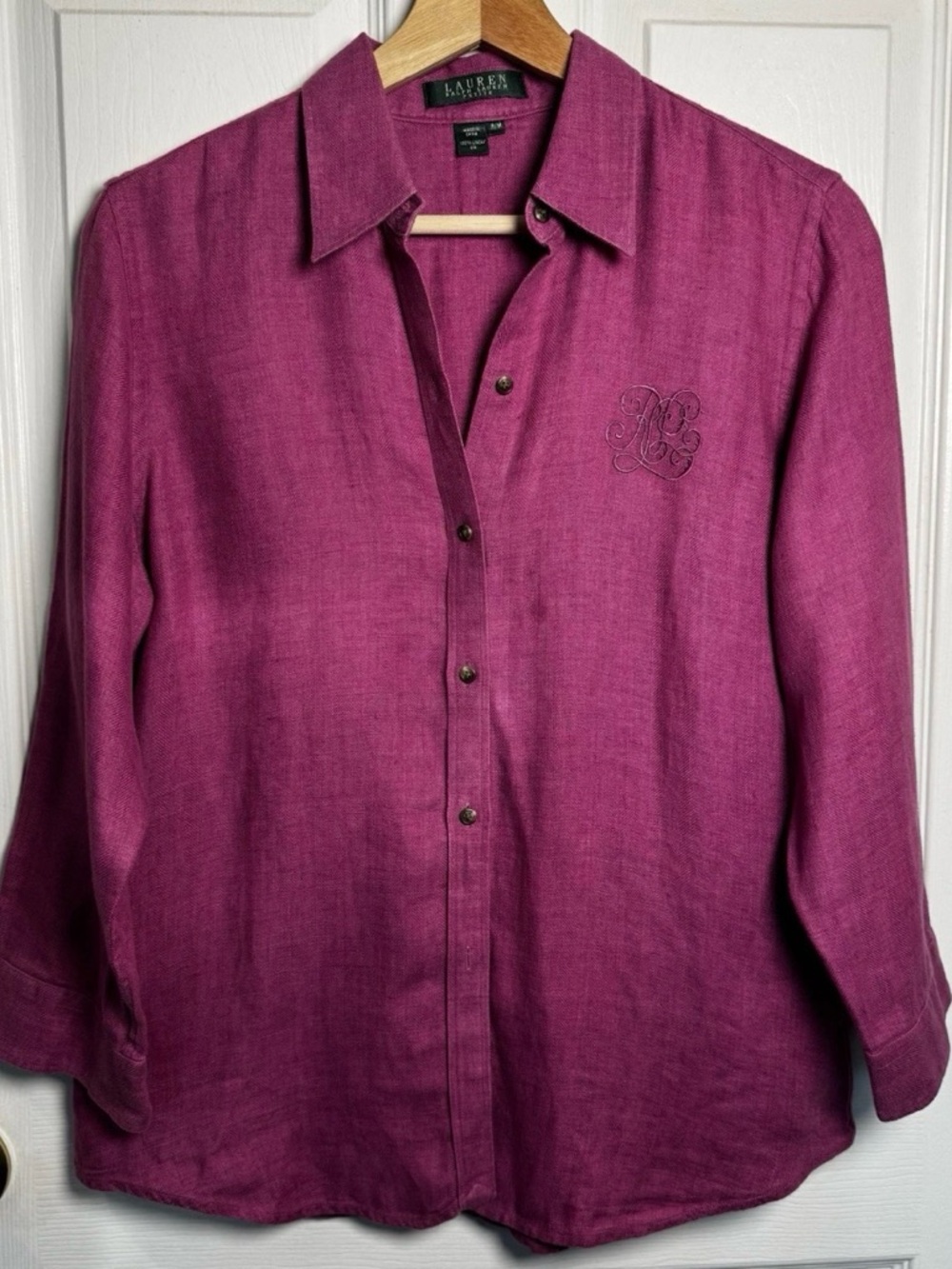 Lauren Ralph Lauren Linen Blouse Petite Medium Fuchsia Monogram Button Up